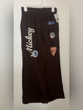 Disney Mickey Mouse Brown Fleece Sweatpants S Graphic Elastic Waist